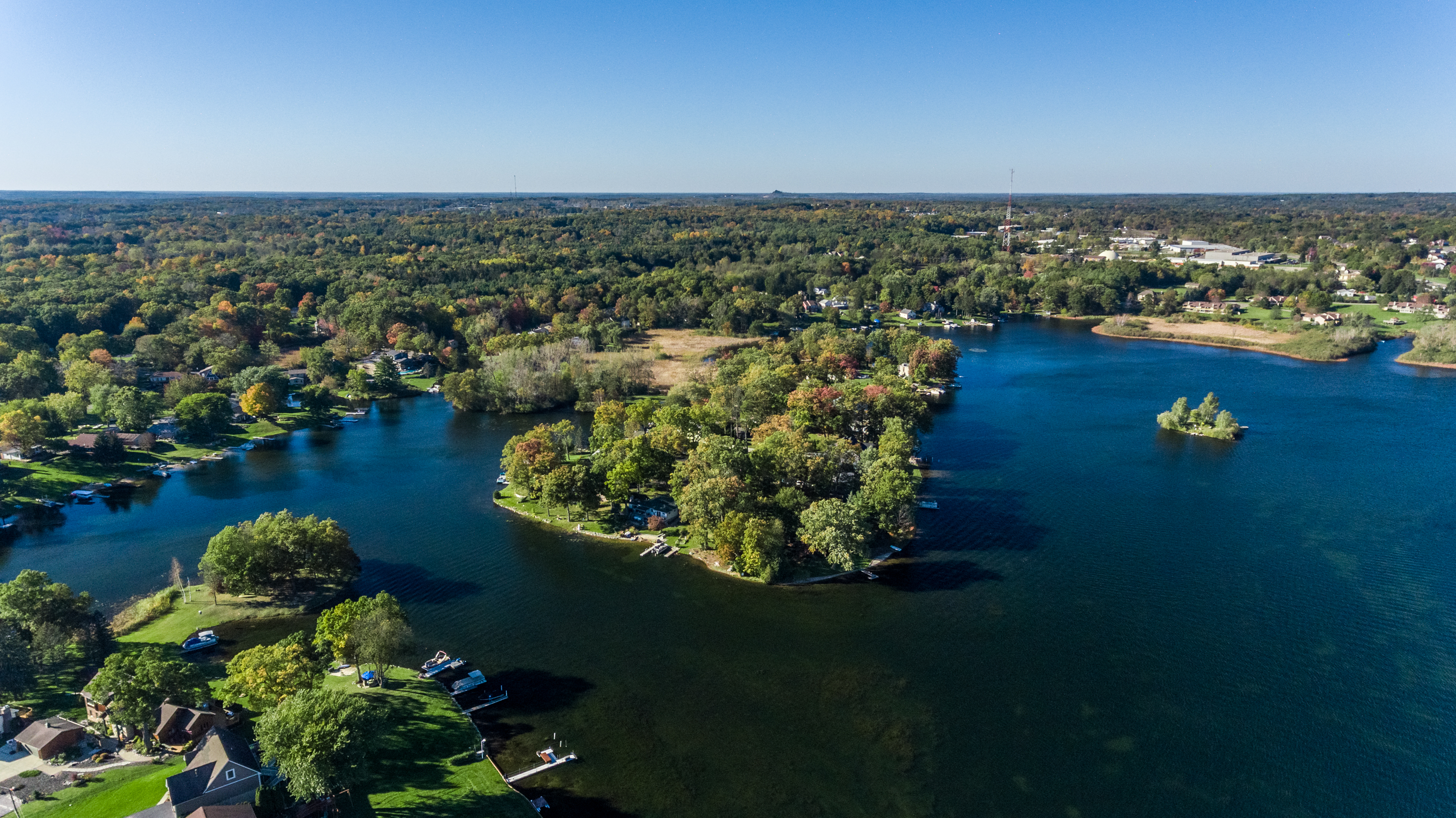 Aerial view of Dow Lake in Orchard Lake MI